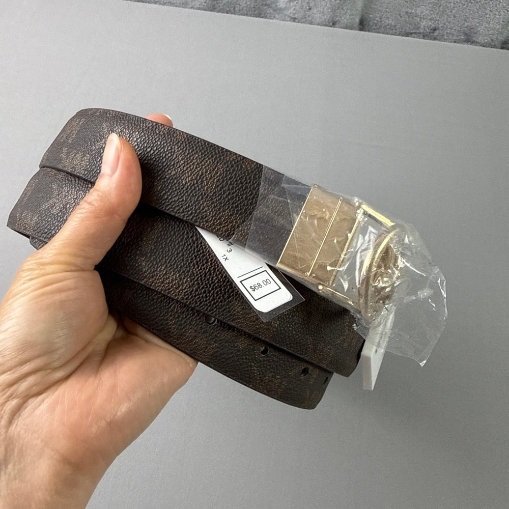 New Michael Kors Reversible Belt Womens Plus 1X Brown MK‎ Logo Black Gold Buckle